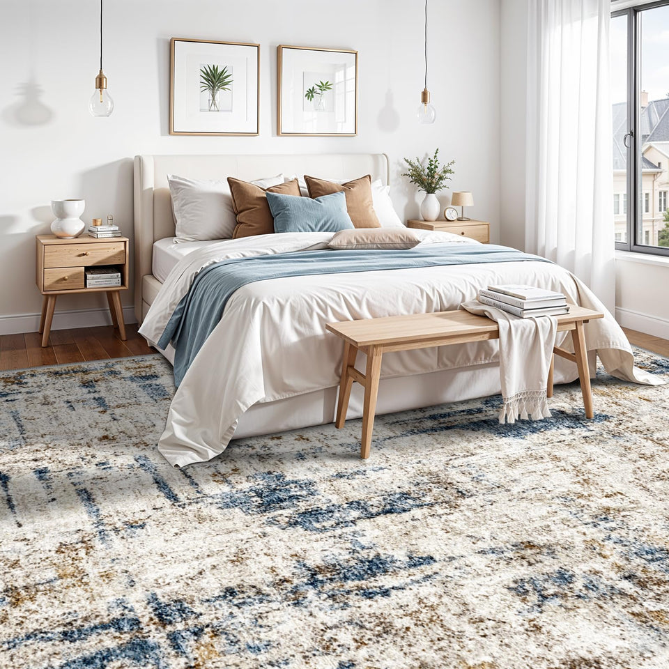 12x15 Area Rug for Living Room – Large Modern Neutral Abstract Thin Washable Carpet, Soft Low Pile Non-Slip Stain-Resistant for Bedroom Dining Room Home Office (Beige Grey)