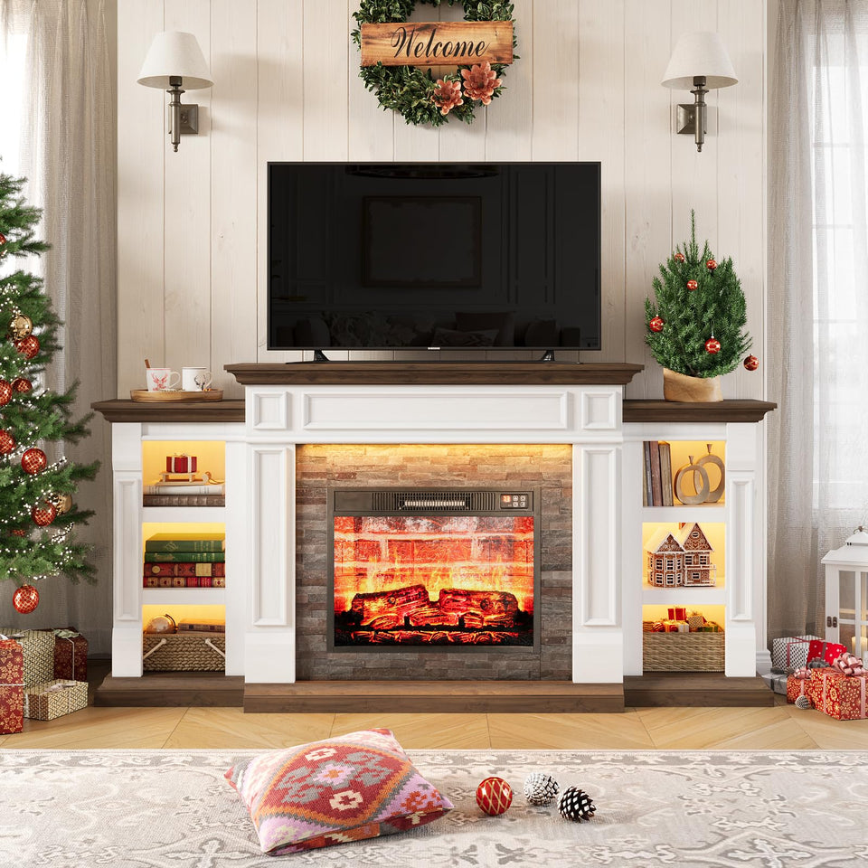 LGHM 72" Electric Fireplace with Mantel, Fireplace TV Stand for TVs Up to 80 Inch, Modern Entertainment Center with Storage, Realistic Stacked Stone Surround with Remote Control for Living Room