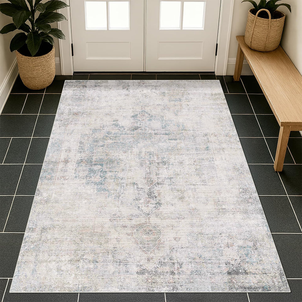 Neutral Living Room Rug - 10x14 Farmhouse Beige Brown Large Area Rug for Dining Room, Bedroom, Low Pile Lightweight Washable