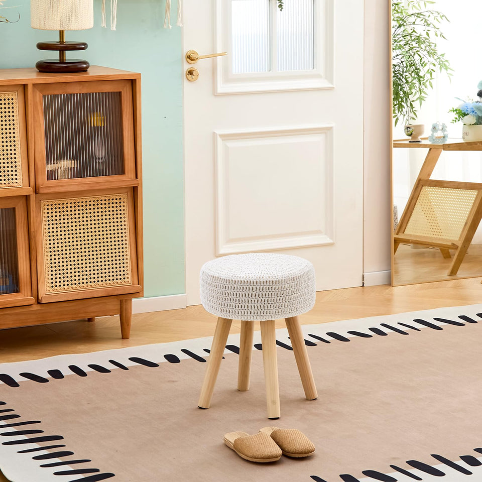 Wimarsbon Pouf Ottoman, 100% Cotton Knitted Boho Footstool, Round Footrest with Non-Skid Wood Legs, Home Décor Handmade Pouffe, Leisure Floor Step Stool for Living Room (Beige)