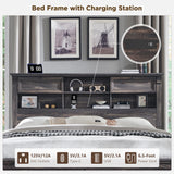 Farmhouse King Size Bed Frame with 54" Tall Storage Bookcase Headboard, Wood Platform Bed Frame with 2 Drawers & 18" Tall Roman Column Decoration Footboard, No Box Spring Needed(Antique White)