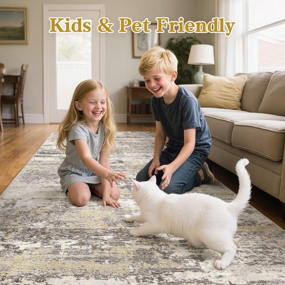 Area Rugs for Living Room: 12x15 Abstract Washable Rug Modern Neutral Large Soft Stain Resistant Non-Slip Backing Machine Table for Bedroom Dining Room Indoor Home Office Carpet - Gold Brown