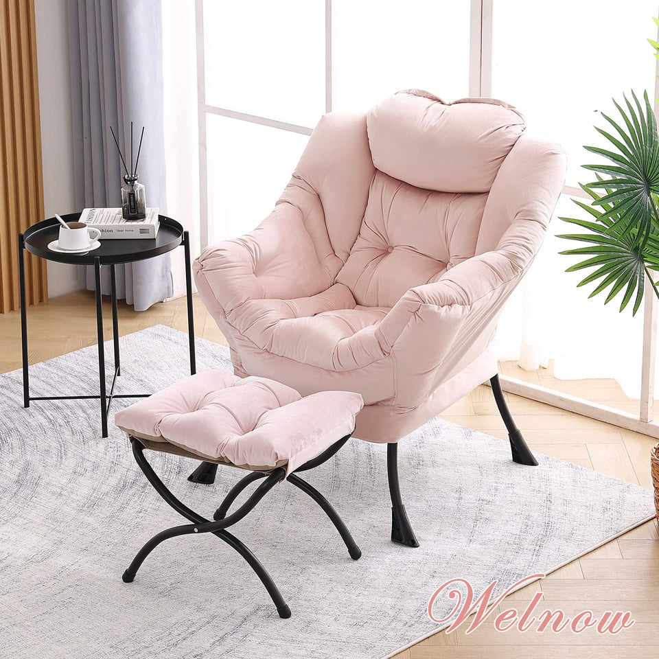 Welnow Lazy Chair with Ottoman, Modern Lounge Accent Chair with Armrests and a Side Pocket, Leisure Sofa Armchair, Reading Armchair with Footrest for Small Space, Dark Grey