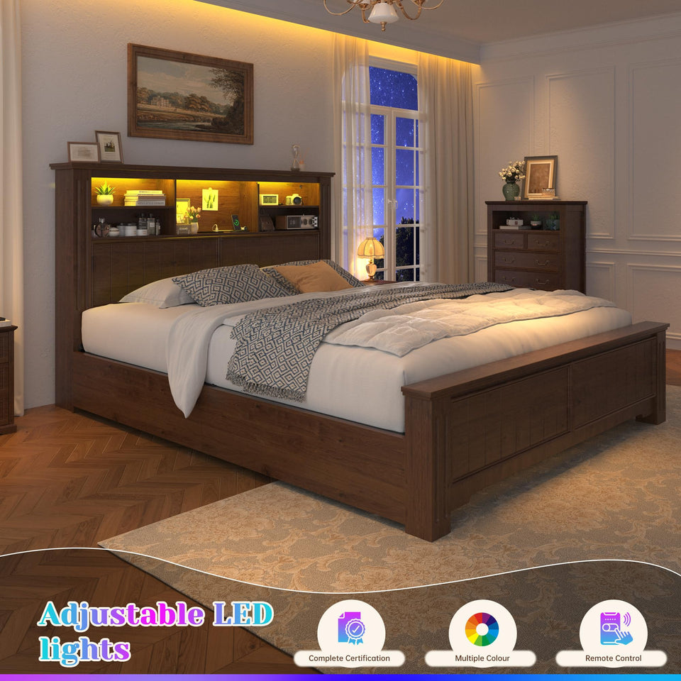 EnHomee King Size Bed Frame and Headboard & Storage, 4 Drawers and LED Built in Charging Station King Bed Frame with Storage Farmhouse,NO Noise,No Box Spring Needed,White