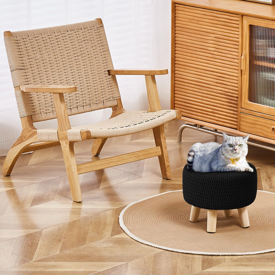 Wimarsbon Pouf Ottoman, 100% Cotton Knitted Boho Footstool, Round Footrest with Non-Skid Wood Legs, Home Décor Handmade Pouffe, Leisure Floor Step Stool for Living Room (Beige)