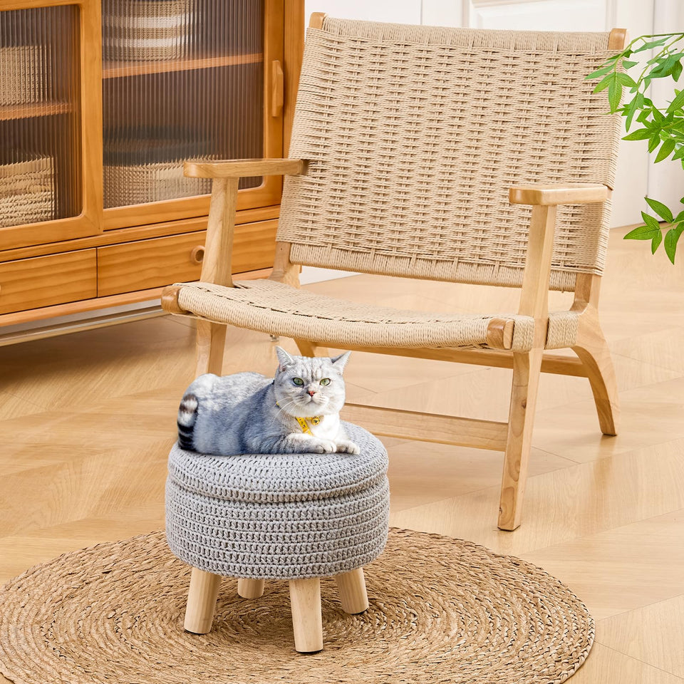 Wimarsbon Pouf Ottoman, 100% Cotton Knitted Boho Footstool, Round Footrest with Non-Skid Wood Legs, Home Décor Handmade Pouffe, Leisure Floor Step Stool for Living Room (Beige)