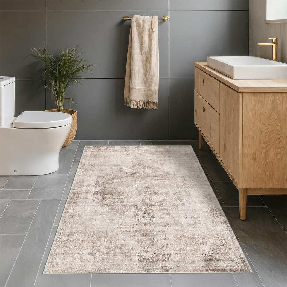 Neutral Living Room Rug - 10x14 Farmhouse Beige Brown Large Area Rug for Dining Room, Bedroom, Low Pile Lightweight Washable