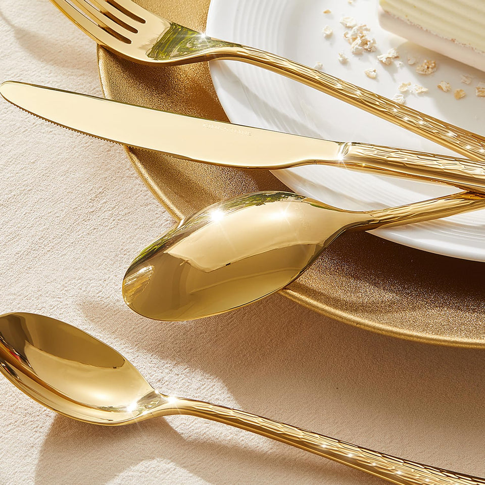 KINGSTONE Hammered Silverware Set, Flatware Set, 18/10 Stainless Steel Premium Cutlery with Unique Ripple Handles Design Mirror Polished - Dishwasher Safe (40-Piece)