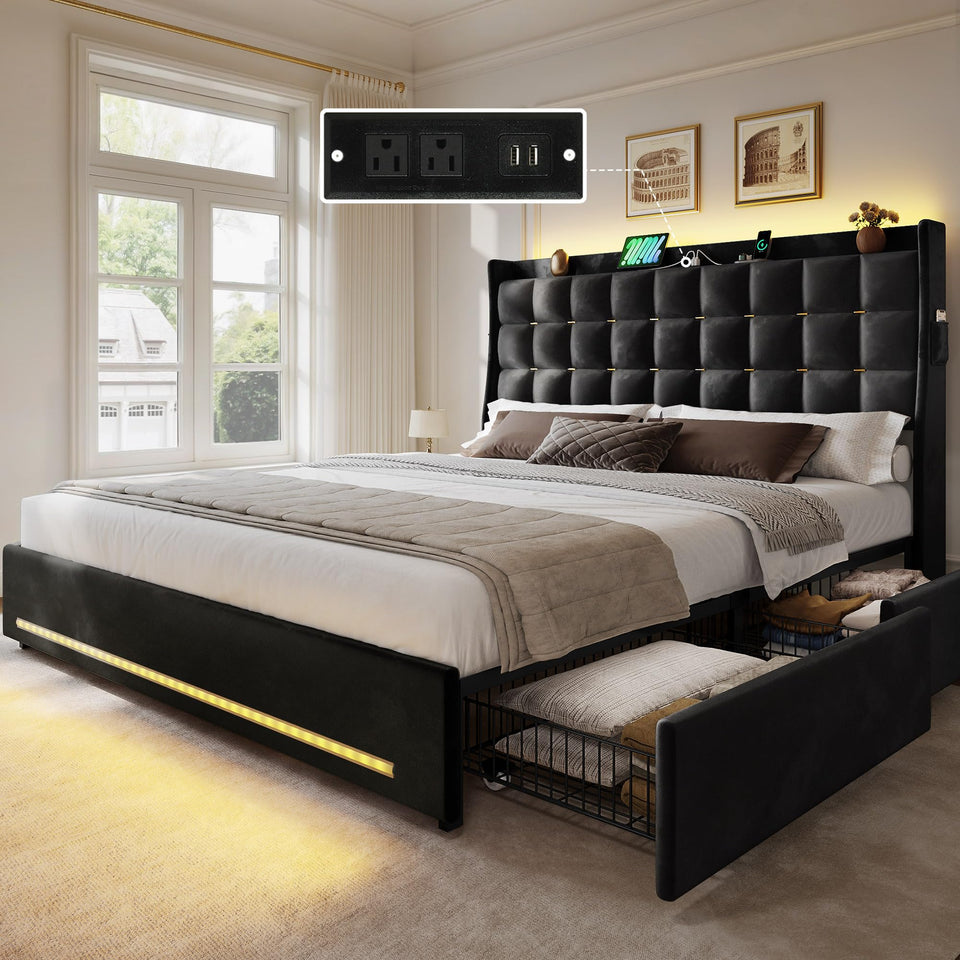 YITAHOME King Size Bed Frame with 4 Drawers and RGB LED Lights, Velvet Upholstered Platform Bed with Charging Station and Storage Headboard, No Box Spring Needed, Easy Assembly, Noise-Free, Black