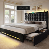 YITAHOME King Size Bed Frame with 4 Drawers and RGB LED Lights, Velvet Upholstered Platform Bed with Charging Station and Storage Headboard, No Box Spring Needed, Easy Assembly, Noise-Free, Black