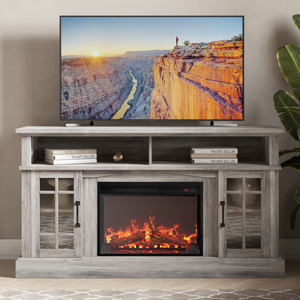 BELLEZE Traditional 58" Rustic TV Stand with 23" Electric Fireplace Heater with Sound, Media Entertainment Center Console Table for TV up to 65" with Open Storage Shelves and Cabinets - Espresso