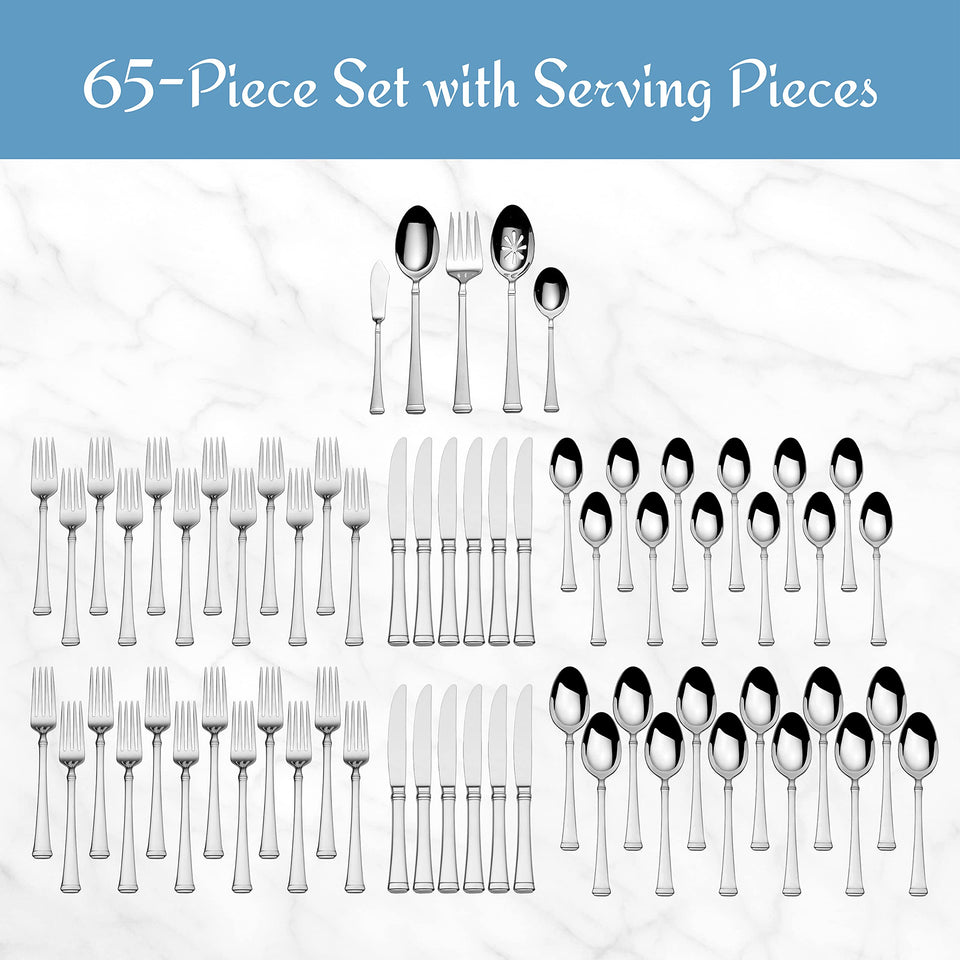 Mikasa Bravo 65-Piece Flatware Set for 12, 18/10 Stainless Steel Silverware with Full Service, Includes Forks, Knives, Spoons, and Serving Utensils