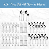 Mikasa Bravo 65-Piece Flatware Set for 12, 18/10 Stainless Steel Silverware with Full Service, Includes Forks, Knives, Spoons, and Serving Utensils