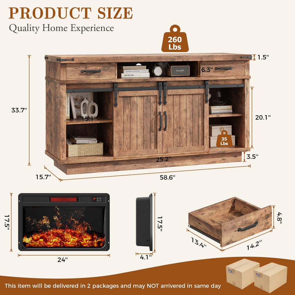 59'' Fireplace TV Stand with 3D Flame Electric Fireplace Heater, 34'' Tall Farmhouse TV Stand for 65 Inch TV, Entertainment Center TV Console with 2 Drawers, Sliding Barn Door for Living Room - White