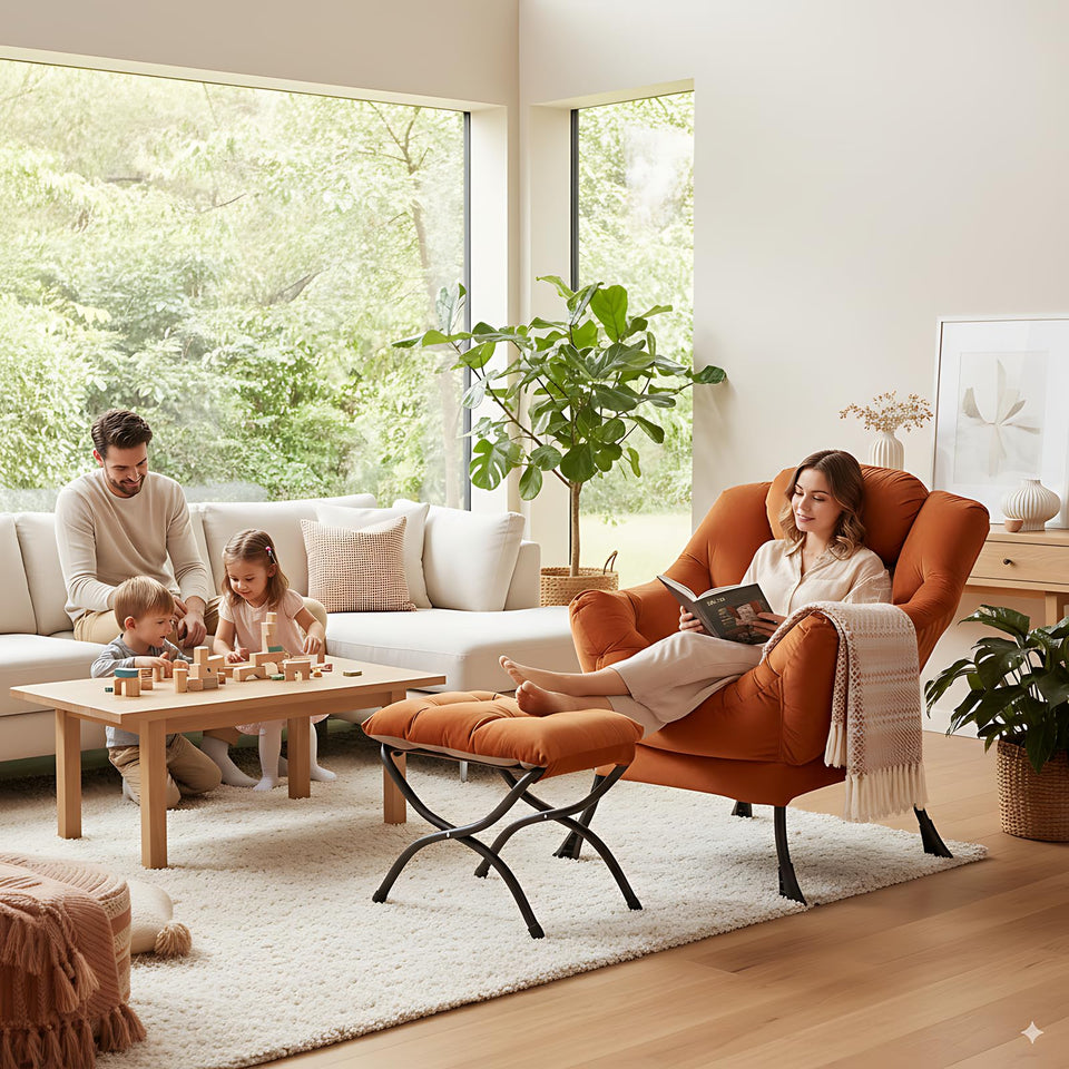 LITA Lazy Chair with Ottoman, Modern Accent Leisure Upholstered Lazy Sofa Armchair, Contemporary Lounge Reading Chair with Armrests and a Side Pocket for Living Room, Bedroom & Small Space, Dark Grey