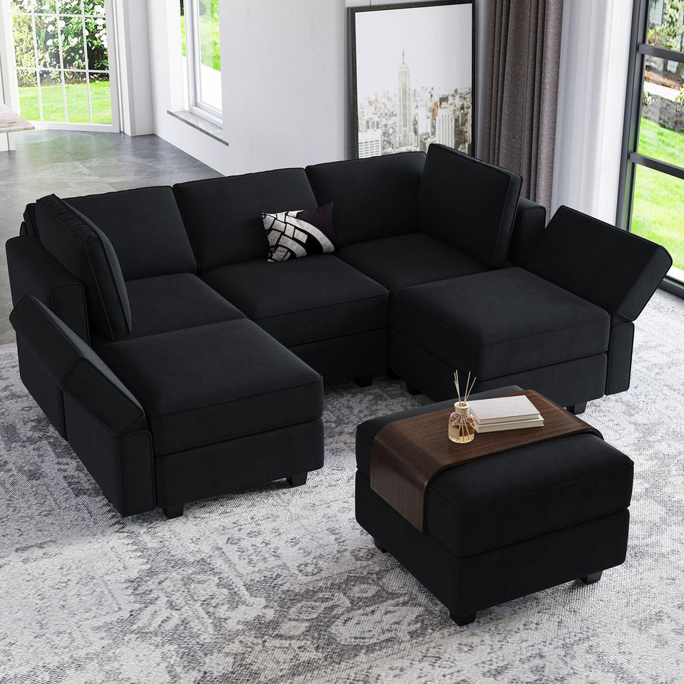 Belffin Modular Sectional Sofa with Ottomans Velvet Reversible Sleeper Chaise Bed Storage Seat Black