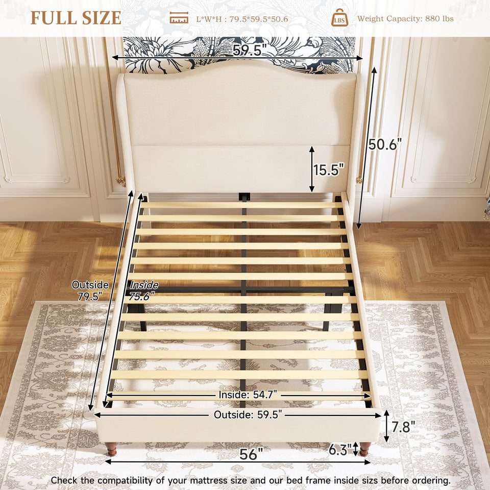 koorlian King Size Bed Frame Upholstered Platform Bed with 51" Tall Headboard Wingback, Soft Fabric, Retro Simple Style Platform Bed No Box Spring Needed, Easy Assembly, Beige
