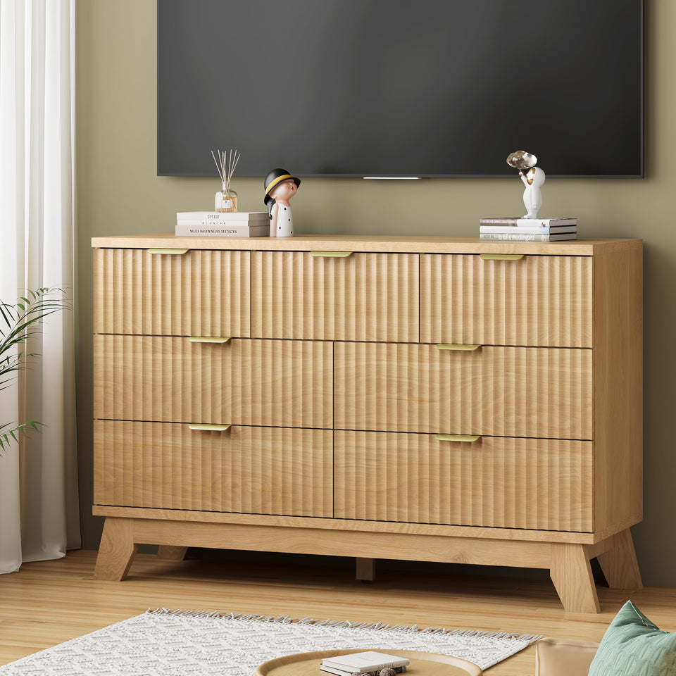 Fluted Dresser for Bedroom with 9 Drawers, 57" Wide Modern Chest of Drawers with Metal Handle, Wooden Dresser TV Stand, Wood Closet Clothes Storage Organizer for Living Room, Hallway, Natural Oak