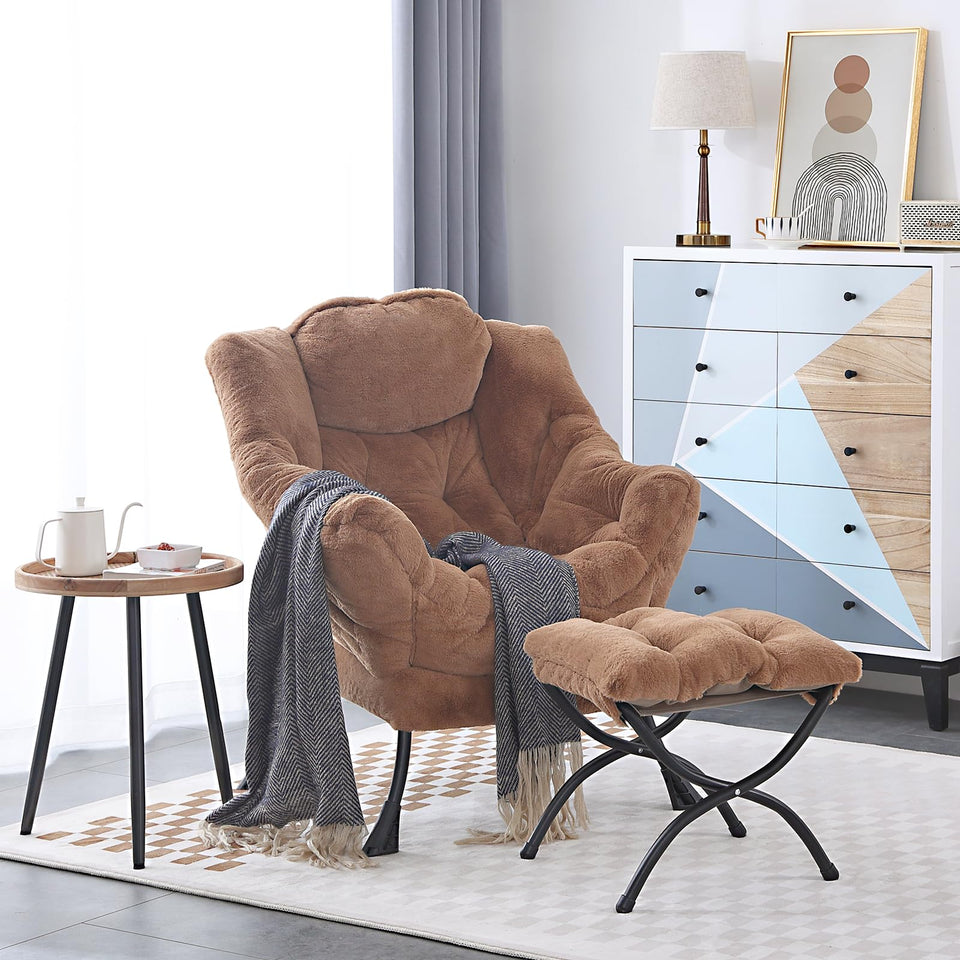 LITA Lazy Chair with Ottoman, Modern Accent Leisure Upholstered Lazy Sofa Armchair, Contemporary Lounge Reading Chair with Armrests and a Side Pocket for Living Room, Bedroom & Small Space, Dark Grey