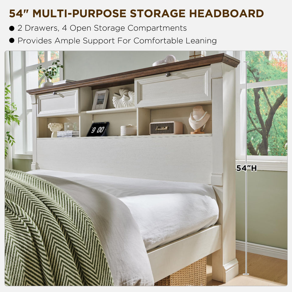 Farmhouse King Size Bed Frame with 54" Tall Storage Bookcase Headboard, Wood Platform Bed Frame with 2 Drawers & 18" Tall Roman Column Decoration Footboard, No Box Spring Needed(Antique White)