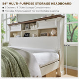Farmhouse King Size Bed Frame with 54" Tall Storage Bookcase Headboard, Wood Platform Bed Frame with 2 Drawers & 18" Tall Roman Column Decoration Footboard, No Box Spring Needed(Antique White)