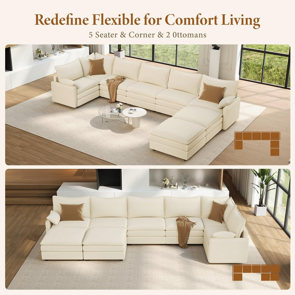 Vesgantti 142" U Shaped Sectional Couch, Comfy Cloud Modular Sectional Sofa with 2 Ottoman Deep Seat Chenille Modern Cloud Sofa, Modular Sofas for Living Room, Bedroom and Apartment, Beige