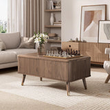 JOINICE, Round Coffee Table with Storage, Mid Century Modern Center Table with Sliding Cabinet Door, Fluted Dining Table for Living Room, Home Small Space, 31.5", Walnut