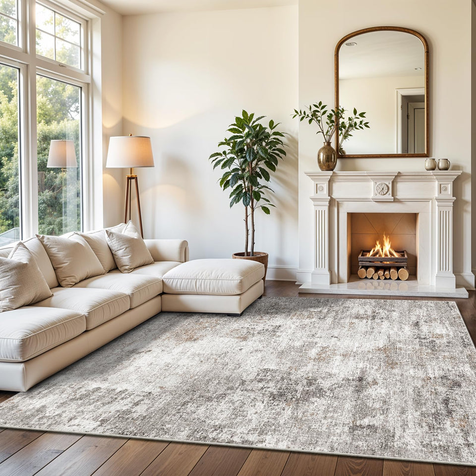 12x15 Area Rug for Living Room – Large Modern Neutral Abstract Thin Washable Carpet, Soft Low Pile Non-Slip Stain-Resistant for Bedroom Dining Room Home Office (Beige Grey)