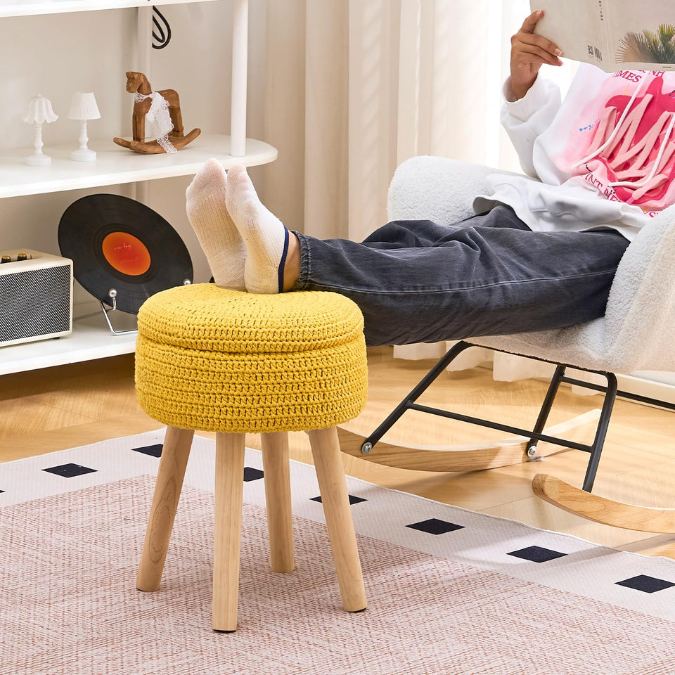 Wimarsbon Pouf Ottoman, 100% Cotton Knitted Boho Footstool, Round Footrest with Non-Skid Wood Legs, Home Décor Handmade Pouffe, Leisure Floor Step Stool for Living Room (Beige)