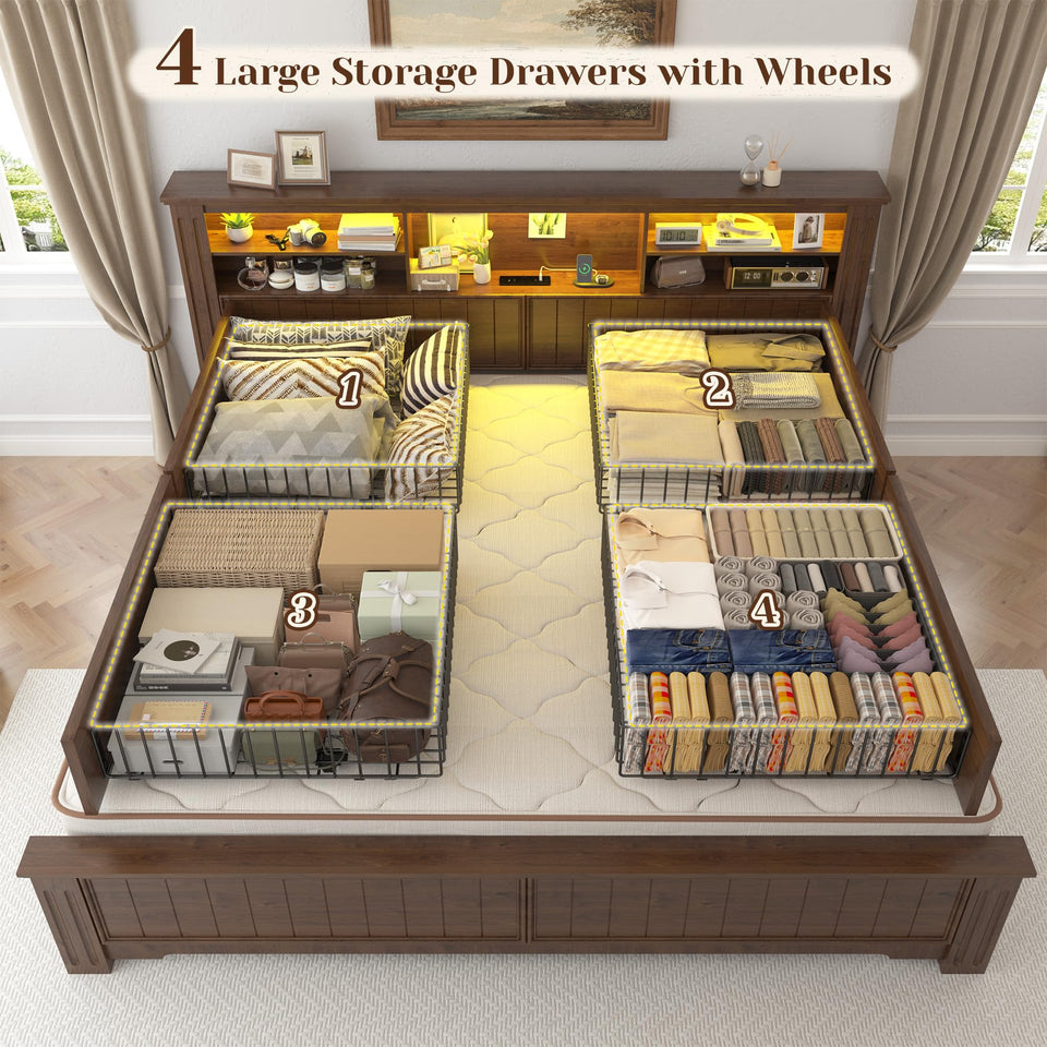 EnHomee King Size Bed Frame and Headboard & Storage, 4 Drawers and LED Built in Charging Station King Bed Frame with Storage Farmhouse,NO Noise,No Box Spring Needed,White