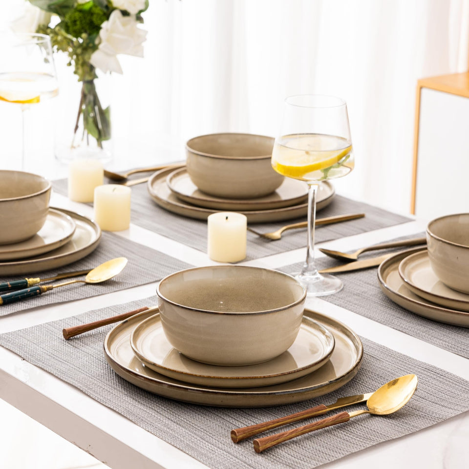 GBHOME Ceramic Dinnerware Sets for 8, 24 Pieces Stoneware Plates and Bowls Sets, Scratch Resistant Dishes, Dishwasher & Microwave Safe, Reactive Glaze-Green Wheat