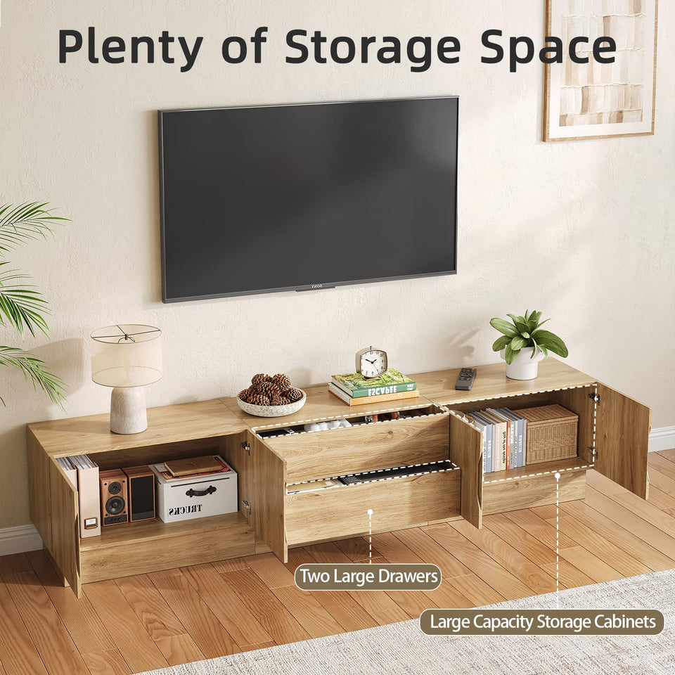 UKAOCAI 86.61'' Tambour TV Stand for 55-85 Inch, Modern Entertainment Center with Large Storage Cabinet & Open Shelves, TV Console with Sliding Doors for Living Room, Bedroom, Natural