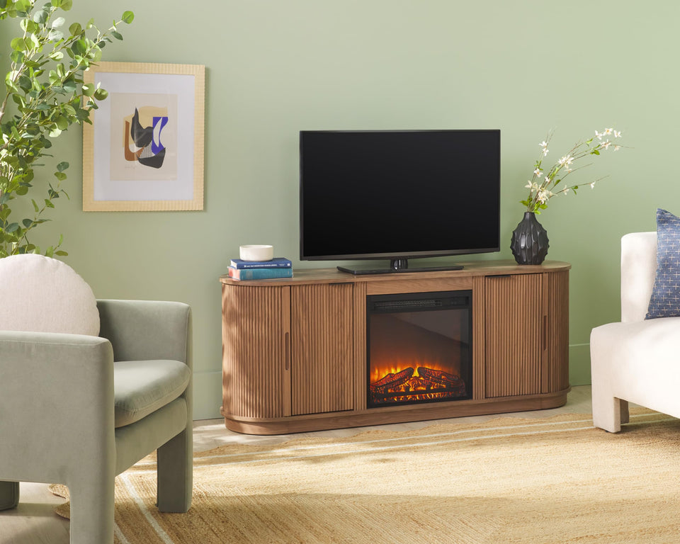 Walker Edison Chloe Reeded TV Stand with Fireplace Insert, 75 Inch, 70 Inch, Coastal Oak