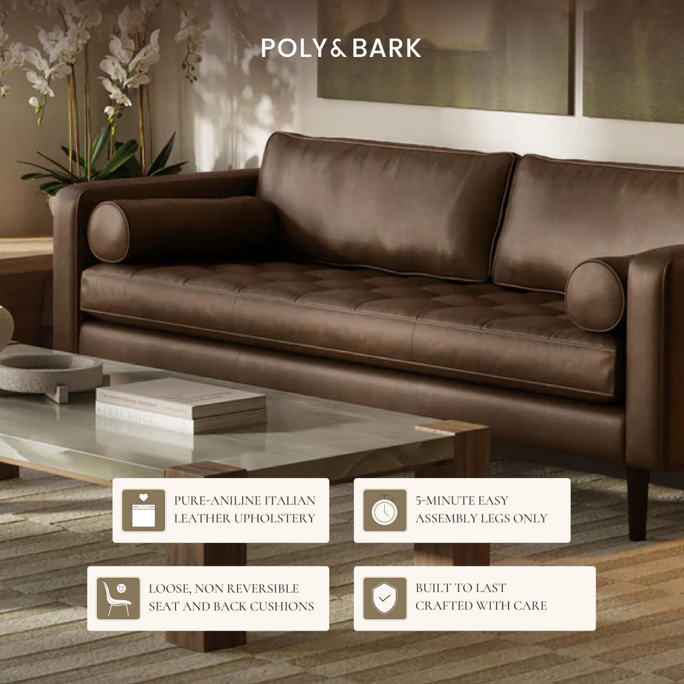 POLY & BARK Napa 72" Apartment Sofa – Italian-Tanned Full-Grain Pure-Aniline or Semi-Aniline Leather, Feather-Down Cushioning, Kiln-Dried Solid Wood Frame, Walnut Legs - Cognac Tan