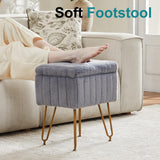 DUMOS Vanity Stool Chair, Ottoman with Storage, Makeup Cute Soft Small Footstool, Modern Style Faux Fur Seat with 4 Metal Legs & Adjustable Feet for Dressing, Living Room, Bedroom, Dorm, Grey