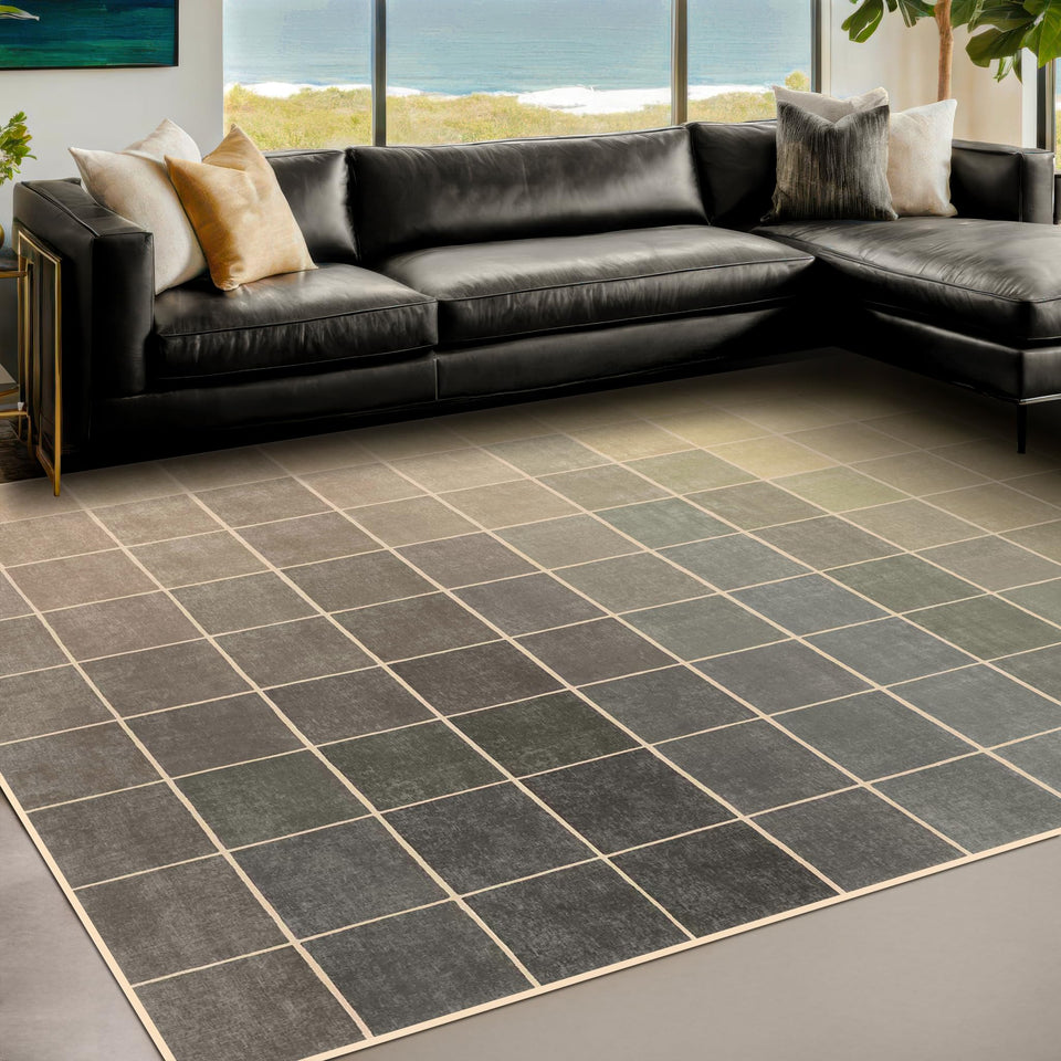 Neutral Living Room Rug - 10x14 Farmhouse Beige Brown Large Area Rug for Dining Room, Bedroom, Low Pile Lightweight Washable