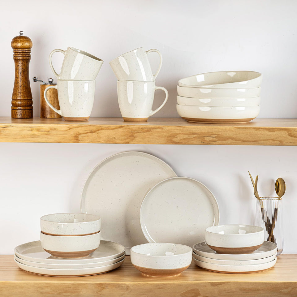 AmorArc Ceramic Dinnerware Sets for 8, 24 Pieces Handpainted Plates and Bowls Set with Rustic Terracotta Underside, Scratch Resistant Stoneware Dishes Set, Dishwasher & Microwave Safe, Light Beige