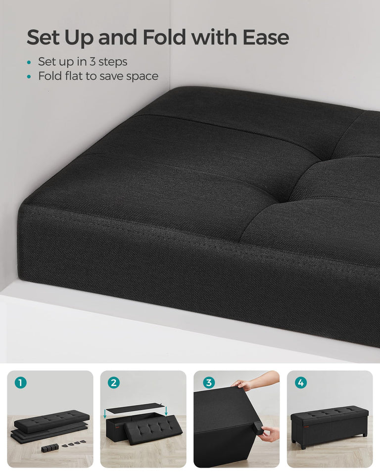 SONGMICS Storage Ottoman Bench, Foldable Foot Rest with Legs, 15 x 43 x 15.7 Inches, End of Bed Bench, Storage Chest, Load up to 660 lb, for Living Room, Bedroom, Entryway, Ink Black ULSF018B01
