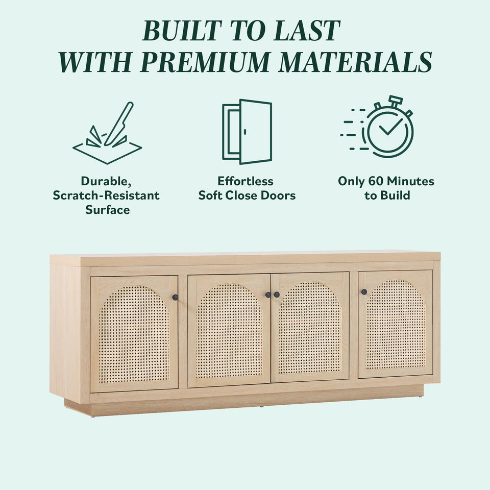 Walker Edison Sasha 4-Door Reeded Sideboard Buffet with Cord Management, 70 Inch, Coastal Oak