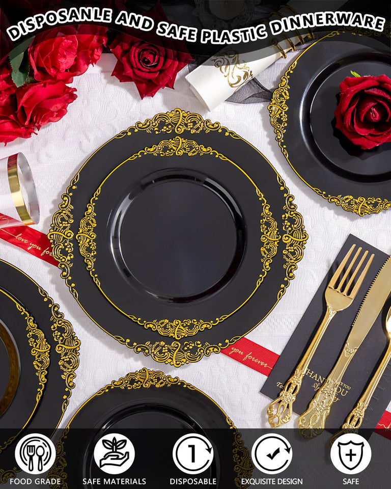 YOUBET 700PCS Silver Plastic Plates - White and Silver Disposable Plates - Silvery Plastic Dinnerware Set - Include 200 Plates, 300 Heavy Duty Silverware, 100 Cups and 100 Napkins for Wedding & Party