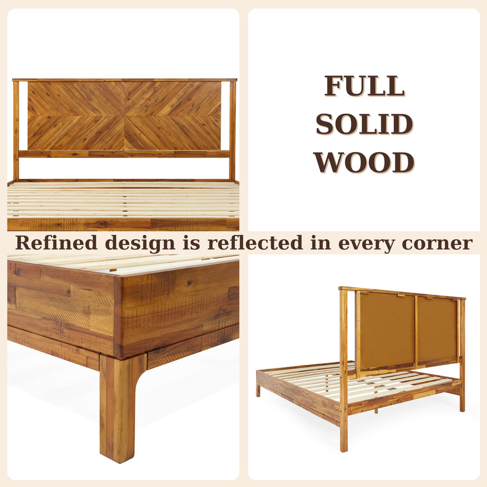 Bme Vivian 14 Inch Deluxe Bed Frame with Headboard, Rustic & Scandinavian Style with Solid Acacia Wood, No Box Spring Needed, 12 Strong Wood Slat Support, Easy Assembly, King, Rustic Golden Brown