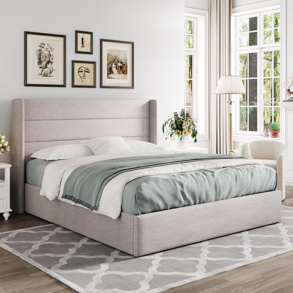 Allewie King Size Lift Up Storage Bed, Modern Wingback Headboard, Hydraulic Support, No Box Spring Needed, Light Beige