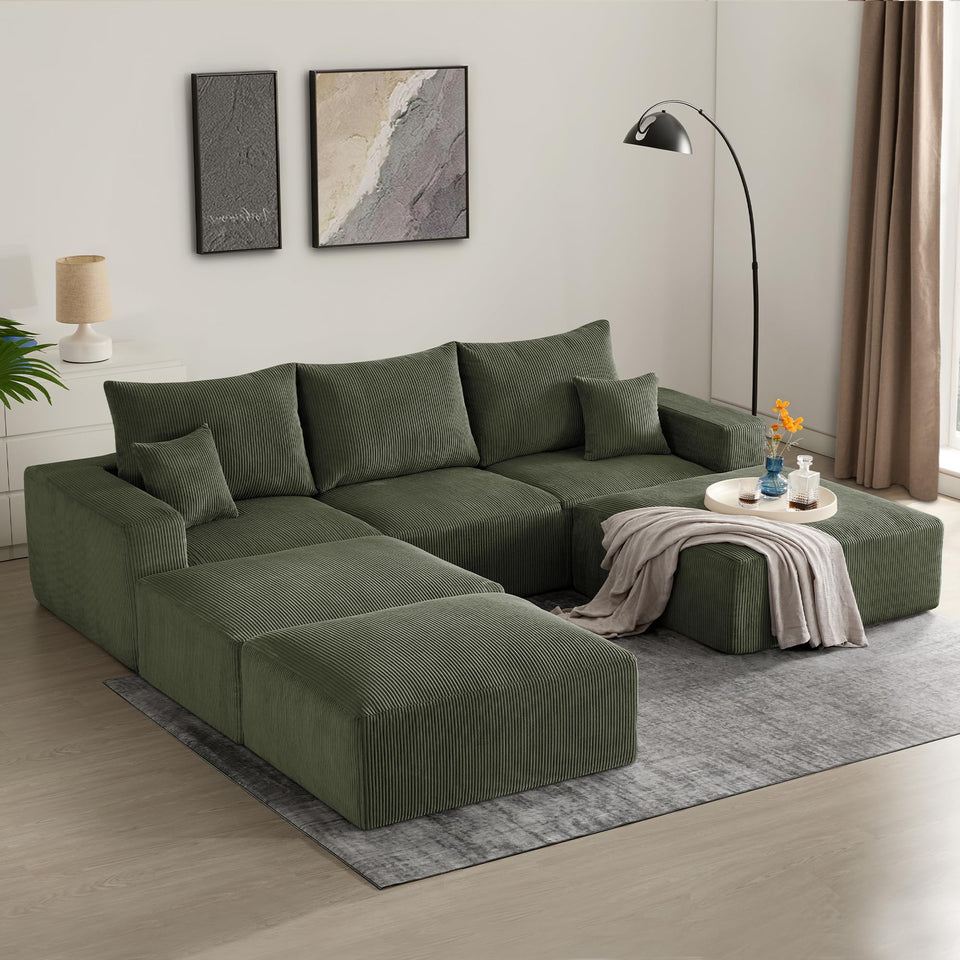 Sectional Cloud Boneless Sofa Couches for Living Room-113'' Beige 3 Seater U-Shaped Modern Lounge Couch-No Assembly Modular Corduroy Convertible Sponge Sleeper Sofas with Chaise for Home House