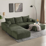 Sectional Cloud Boneless Sofa Couches for Living Room-113'' Beige 3 Seater U-Shaped Modern Lounge Couch-No Assembly Modular Corduroy Convertible Sponge Sleeper Sofas with Chaise for Home House