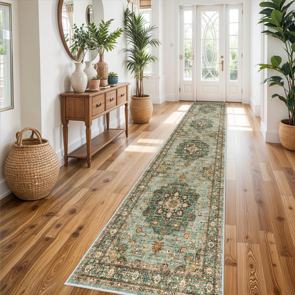 TOPRUUG Washable Oriental Area Rug - 12x15 Rugs for Living Room Soft Carpet for Bedroom Waterproof Floral Distressed Indoor Stain Resistant Non-Shedding Floor Carpets (Green, 12x15)