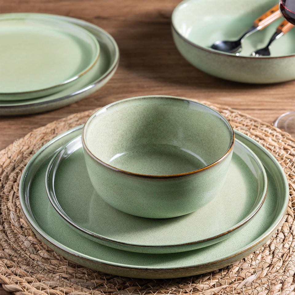 GBHOME Ceramic Dinnerware Sets for 8, 24 Pieces Stoneware Plates and Bowls Sets, Scratch Resistant Dishes, Dishwasher & Microwave Safe, Reactive Glaze-Green Wheat