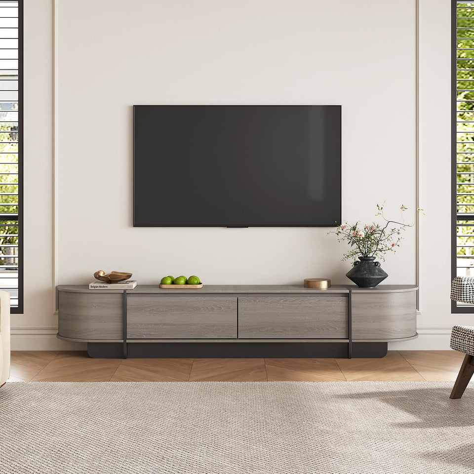 UKAOCAI 86.61'' Tambour TV Stand for 55-85 Inch, Modern Entertainment Center with Large Storage Cabinet & Open Shelves, TV Console with Sliding Doors for Living Room, Bedroom, Natural