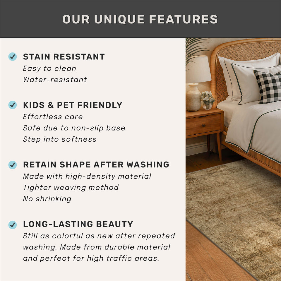 Neutral Living Room Rug - 10x14 Farmhouse Beige Brown Large Area Rug for Dining Room, Bedroom, Low Pile Lightweight Washable