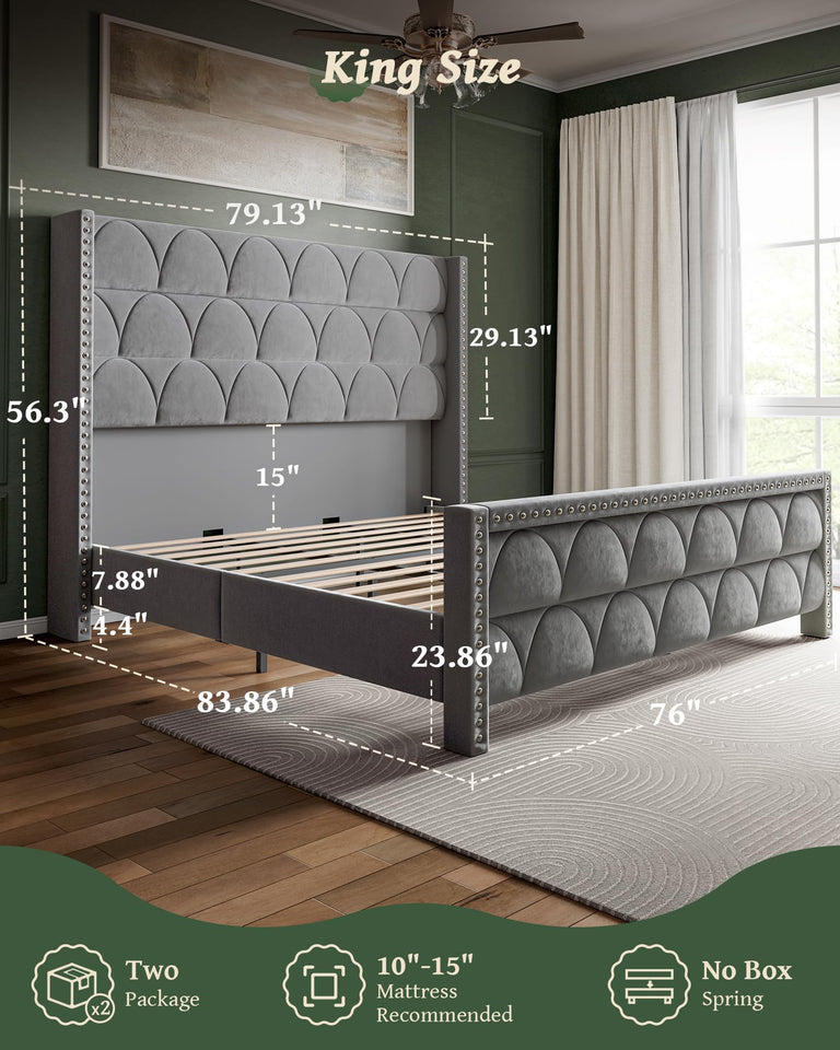 OHOHOLIVE King Size Bed Frame with 56" Headboard - 1000LBS Capacity Support, Velvet Upholstered Wingback Platform Bed Frame, Noise Free, Sturdy Wooden Slat Support