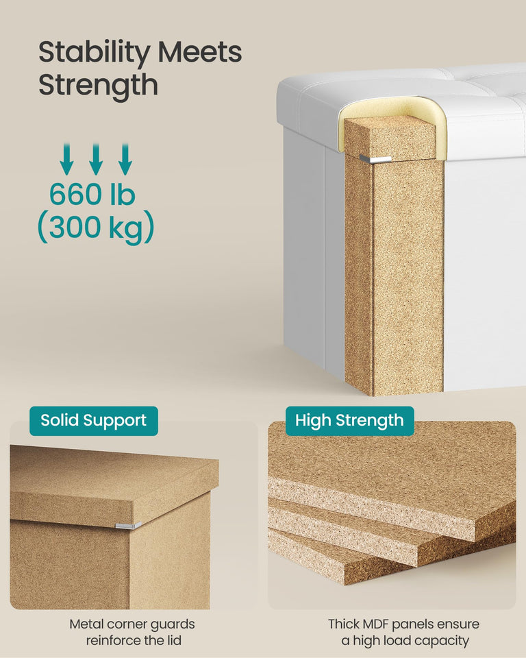 SONGMICS MAZIE Collection - 43 Inches Folding Storage Ottoman Bench, Ottoman with Storage, Foot Rest Stool, Load 660 lb, for Living Room, Synthetic Leather, Black ULSF701